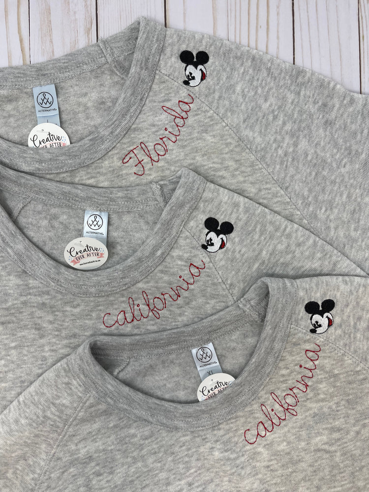 Solid Crewneck Sweatshirt with Custom Embroidered Text and Classic Mickey or Minnie