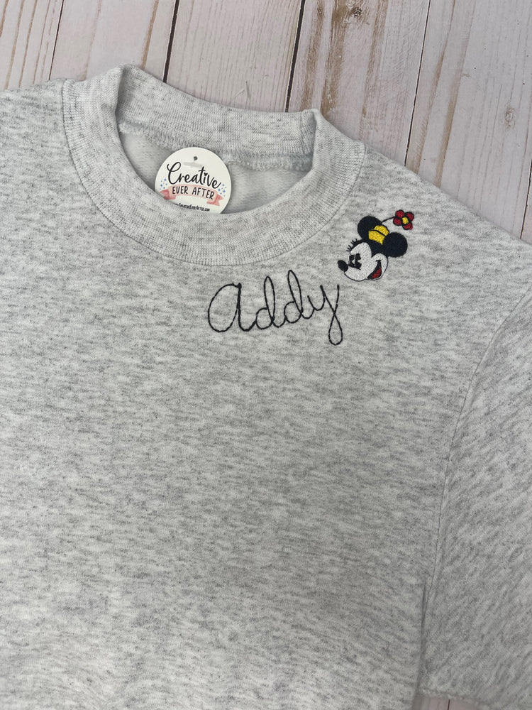 Solid Crewneck Sweatshirt with Custom Embroidered Text and Classic Mickey or Minnie